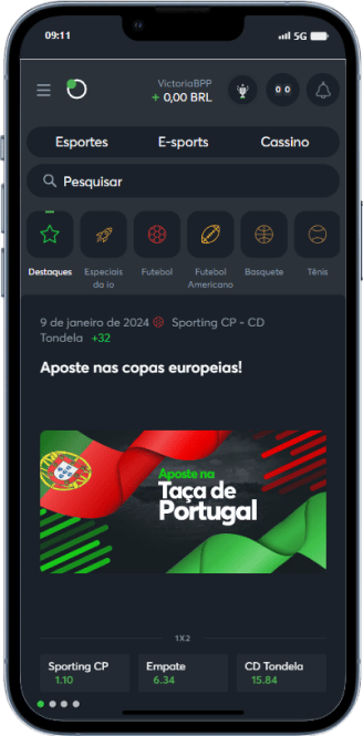 Tela de Menu da Sportsbet.io com destaque para o banner de Apostas na Taça Portugal