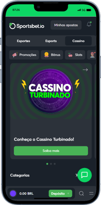 Tela da Sportsbet.io no menu de Cassinos, destaque para o banner da promoção Cassino Turbinado
