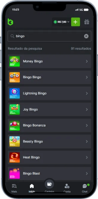 Tela da BC Game com pesquisa sobre bingos online