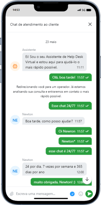 Exemplo de chat ao vivo na PariPesa com atendimento em português