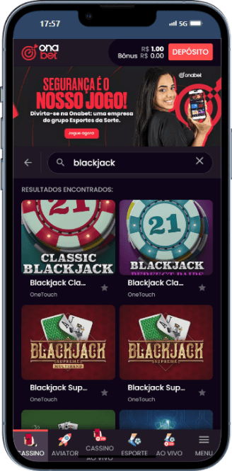 Tela inicial da ona bet informando os jogos de blackjack 