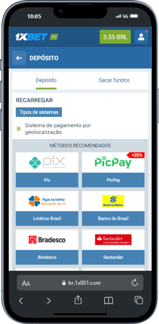 Página de depósitos da 1xBet
