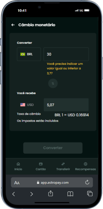 Tela de conversao astropay