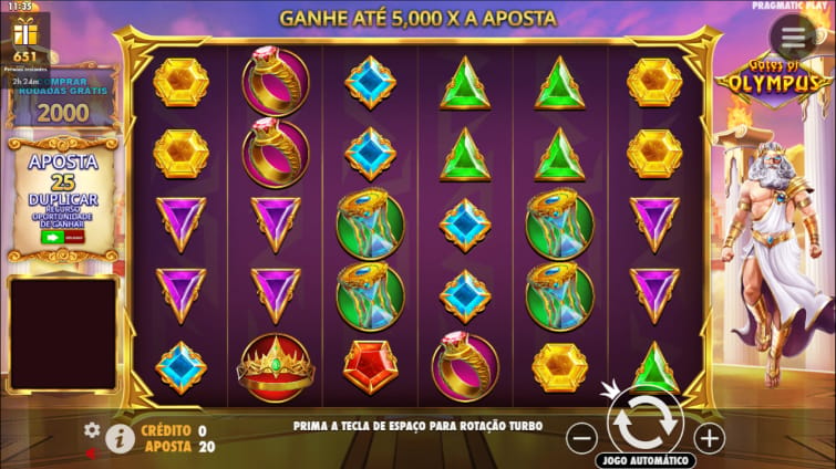 Tela do jogo Gates of Olympus, um dos mais populares lançamentos da Pragmatic Play 
