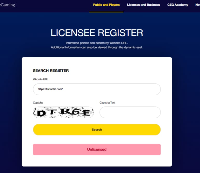 Registro de plataforma não licenciada no site oficial de Curaçao 