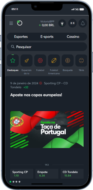 Tela de Menu da Sportsbet.io com destaque para o banner de Apostas na Taça Portugal