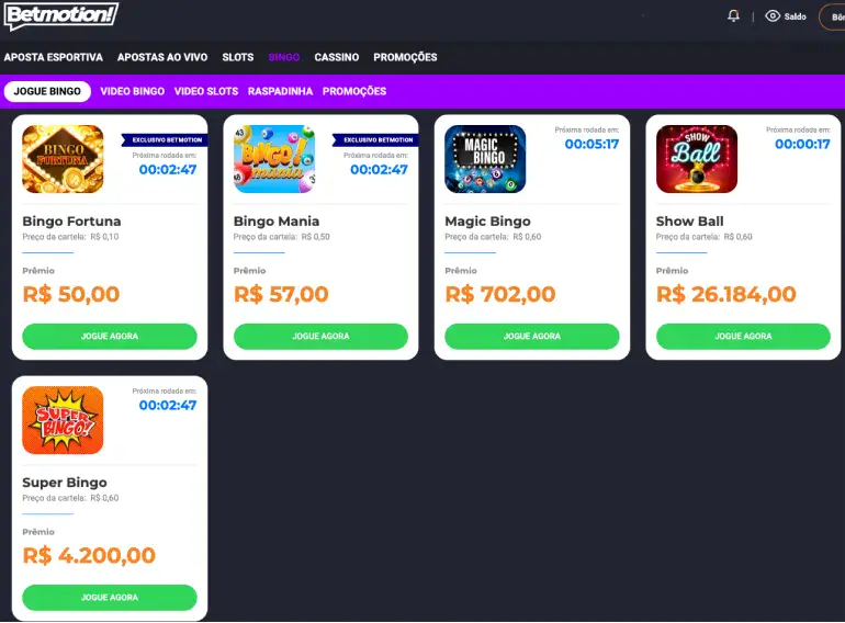 O Bingo online da Betmotion paga em dinheiro real e através do PIX, sendo uma das melhores opções de bingo ao vivo