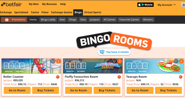 Exemplo de salas de bingo na Betfair