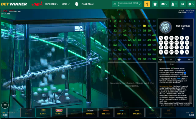 Exemplo de sorteio de bingo sendo transmitido ao vivo na plataforma da Betwinner