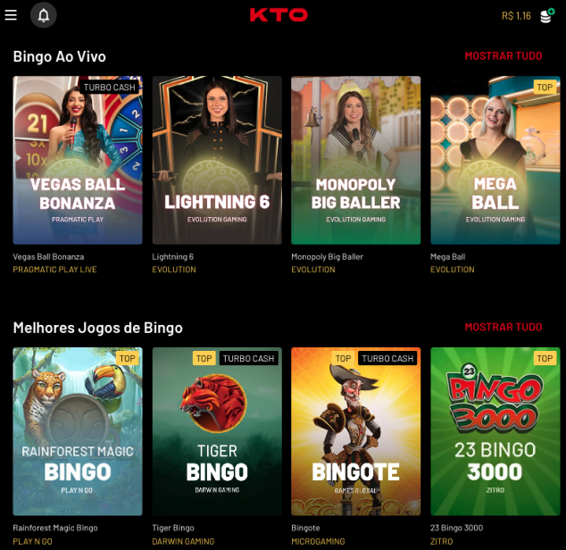 Lobby do bingo online na KTO