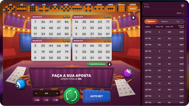 Imagem com o jogo de bingo Star Galaxy, mostrando 4 cartelas de bingo a serem marcadas