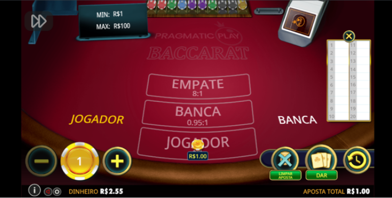Baccarat na 1xbet, tela inicial