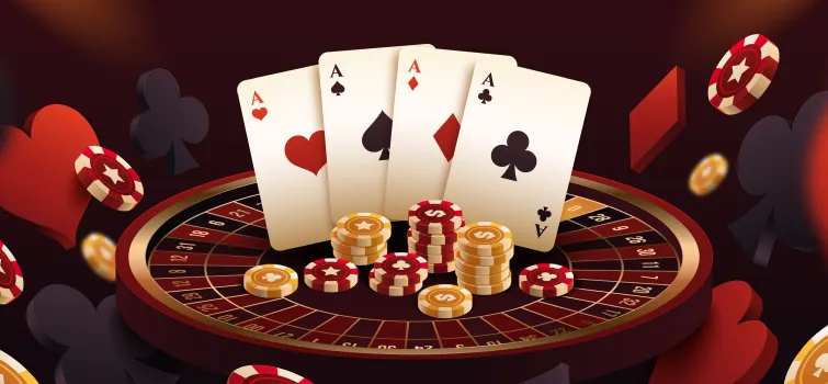 imagem virtual de cartas de baralho, fichas de cassino e roleta 