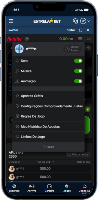 Menu do Aviator via PIX