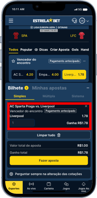 Bilhete de aposta esportiva na Estrela Bet