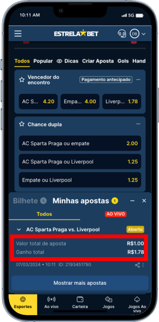 Aposta de R$1 realizada na plataforma