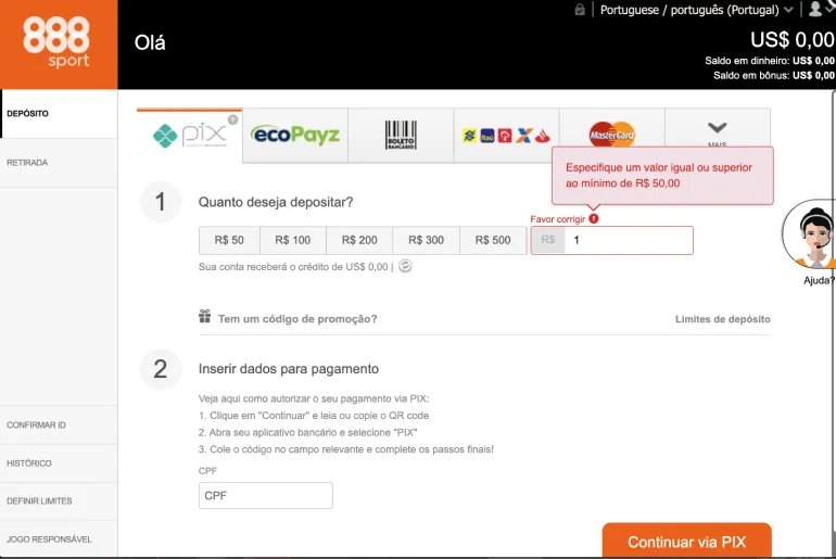 Como Depositar na 888Sport Brasil