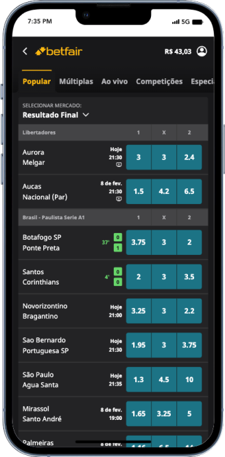 A imagem mostra uma tela com opções de apostas esportivas na Betfair Mobile