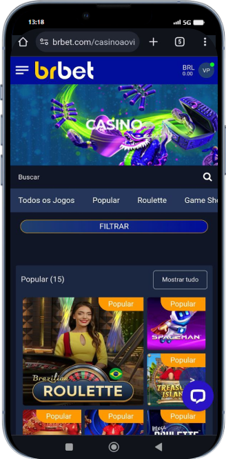 Tela do menu de cassino ao vivo da Brbet