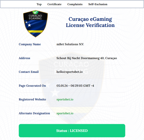 Licença de verificação da Sportsbet.io emitida pelo órgão Curação eGaming 
