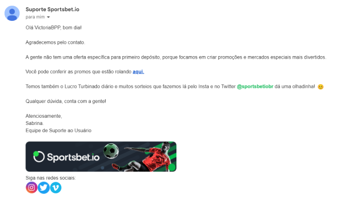 Email de suporte da plataforma Sportsbet.io informado o porquê de não oferecerem Bônus de Boas-vindas