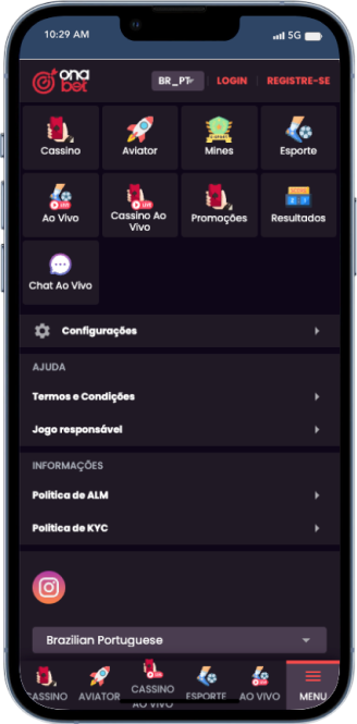 Menu inicial da Ona Bet