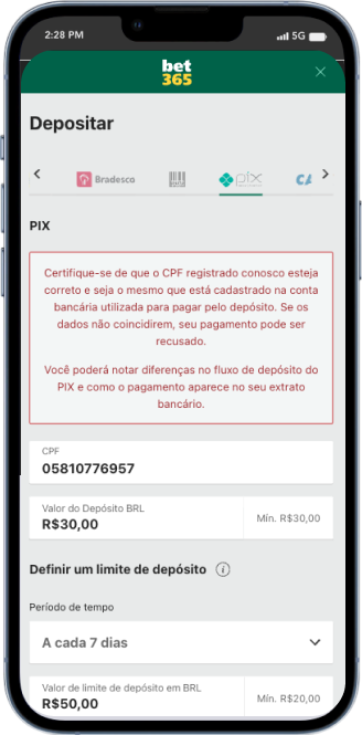 Screenshot Be365 tela de depósito