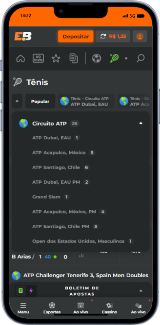 Como Apostar em Tênis. Exemplo dos torneios de tênis disponíveis na plataforma Esportiva.bet.