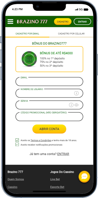 Exemplo de tela de cadastro com bônus na Brazino 777