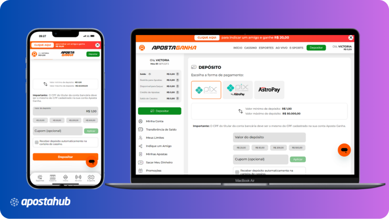 Telas de depósito da plataforma Aposta Ganha