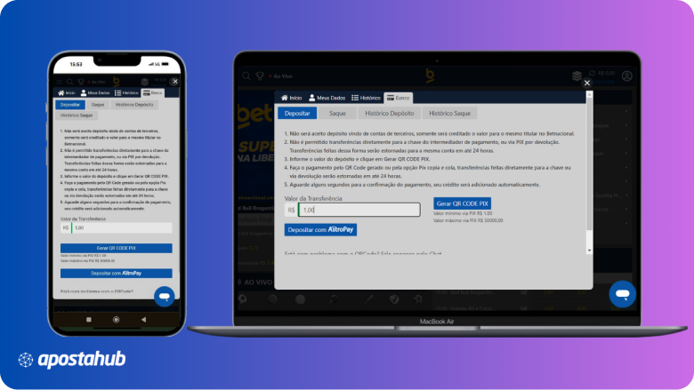 Exemplo de páginas de depósito da Bet Nacional em mobile e em desktop