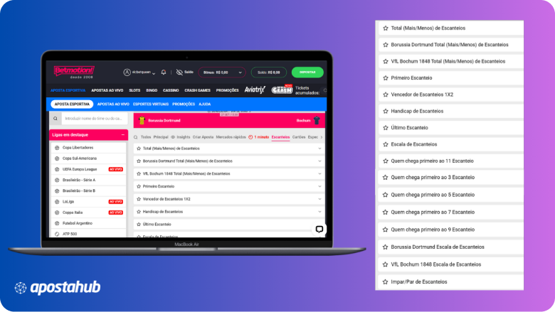 Telas com os mercados de apostas em escanteio na plataforma Betmotion