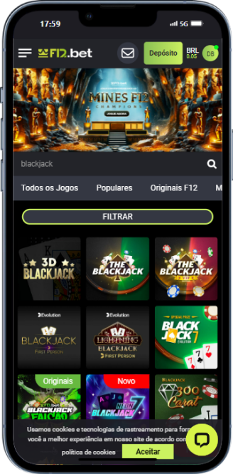 Tela inicial da f12 bet informando os jogos de blackjack