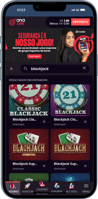 Tela inicial da ona bet informando os jogos de blackjack