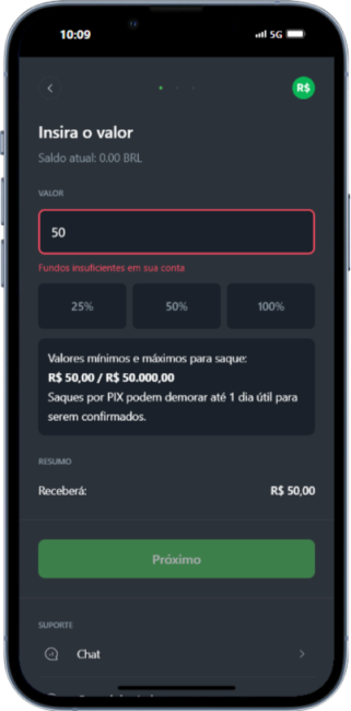 Selecionando o valor de saque no site de apostas Sportsbet io