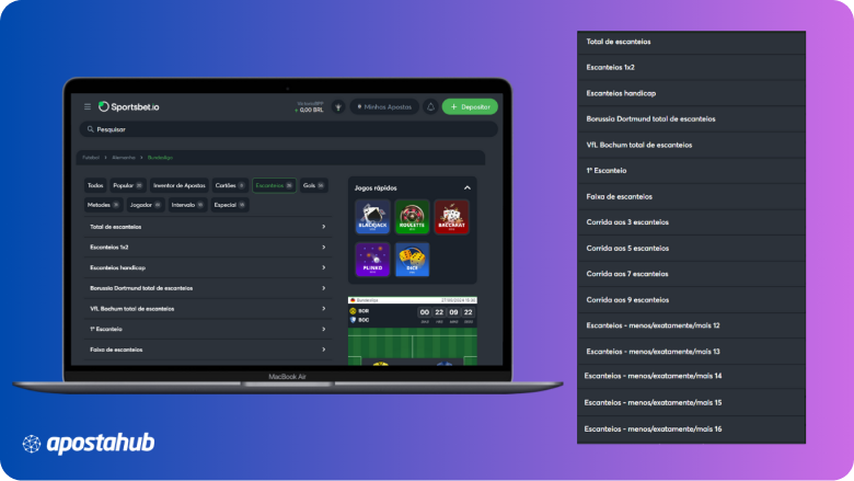 Telas de apostas no mercado de escanteio da Sporstbet.io