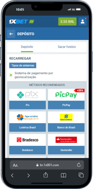 Página de depósitos da 1xBet