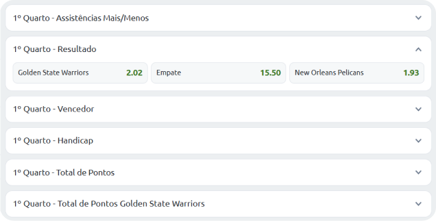 Opções de apostas em resultado por quarter em um jogo de basquete