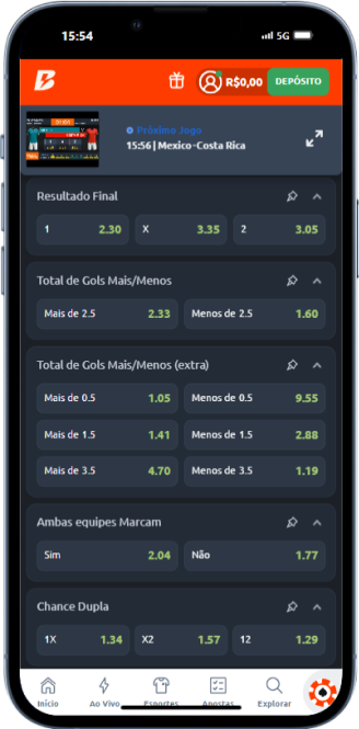 Odds disponíveis na plataforma Betano para futebol virtual