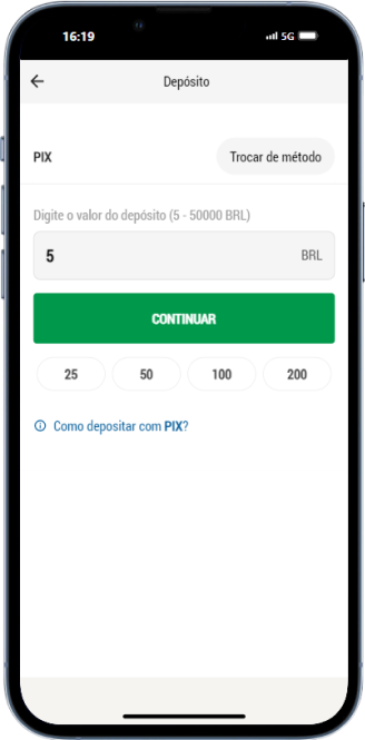 Escolhendo o valore de depósito de cinco reais em uma casa de apostas