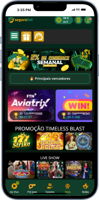 Tela inicial do casino da Seguro Bet, um dos sites mais recentes do Brasil