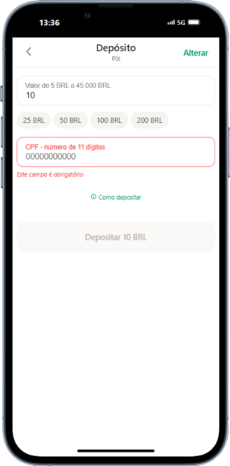 Exemplo de como depositar 10 reais na Parimatch