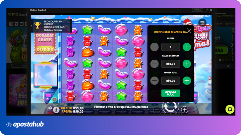 Exemplo de aposta mínima e botões de ajuste no jogo Sugar Rush da F12.Bet