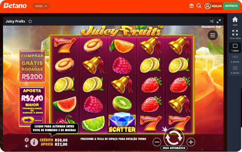 Exemplo do jogo Juicy Fruits na Betano