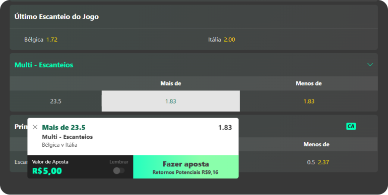 A imagem trata-se do cupom de apostas em multi escanteio na casa de apostas Bet365