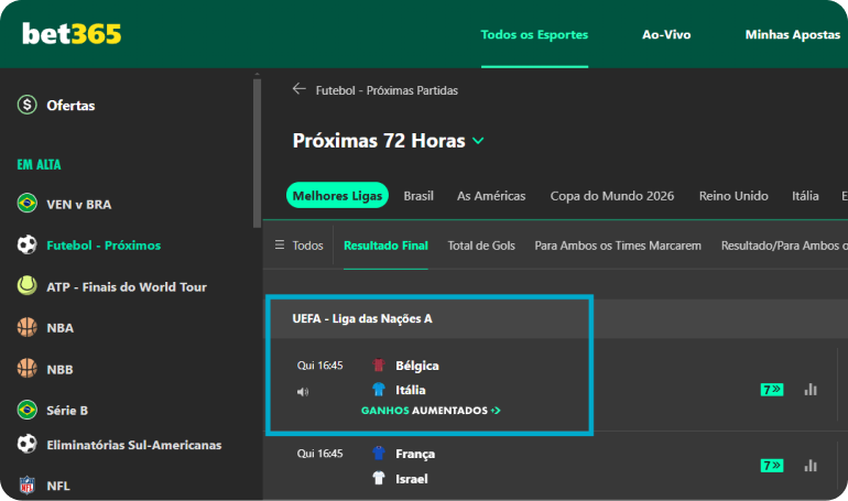 A imagem mostra onde é possível encontrar o mercado de multi escanteios na plataforma Bet365