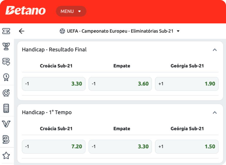 A imagem mostra as odds disponíveis para o mercado de empate -1 em um jogo UEFA Sub-21 na Betano.