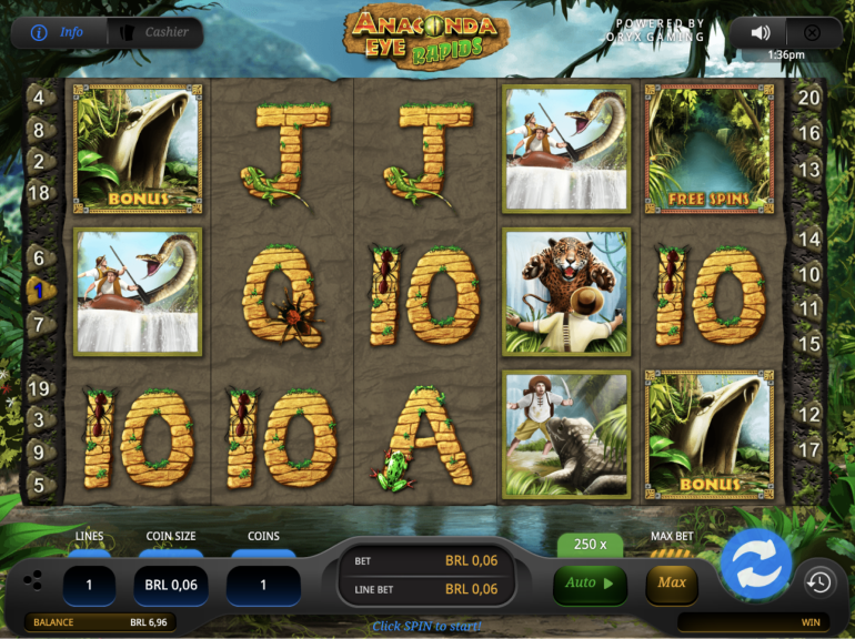 A imagem se trata do slot Anaconda Eyes Rapids, com temática aventureira