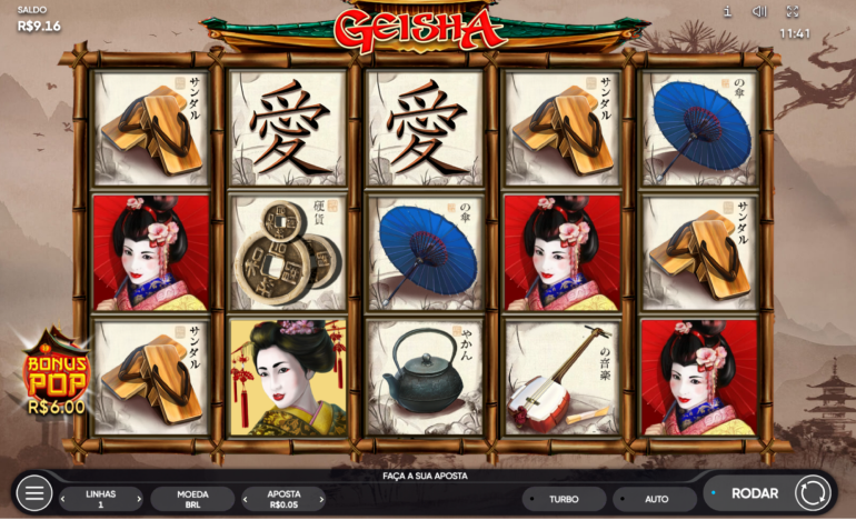 A imagem mostra o slot de 5 centavos com temática oriental de título Geisha