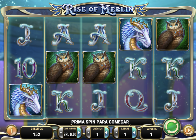 A imagem mostra o slot de 5 centavos Rise of Merlin